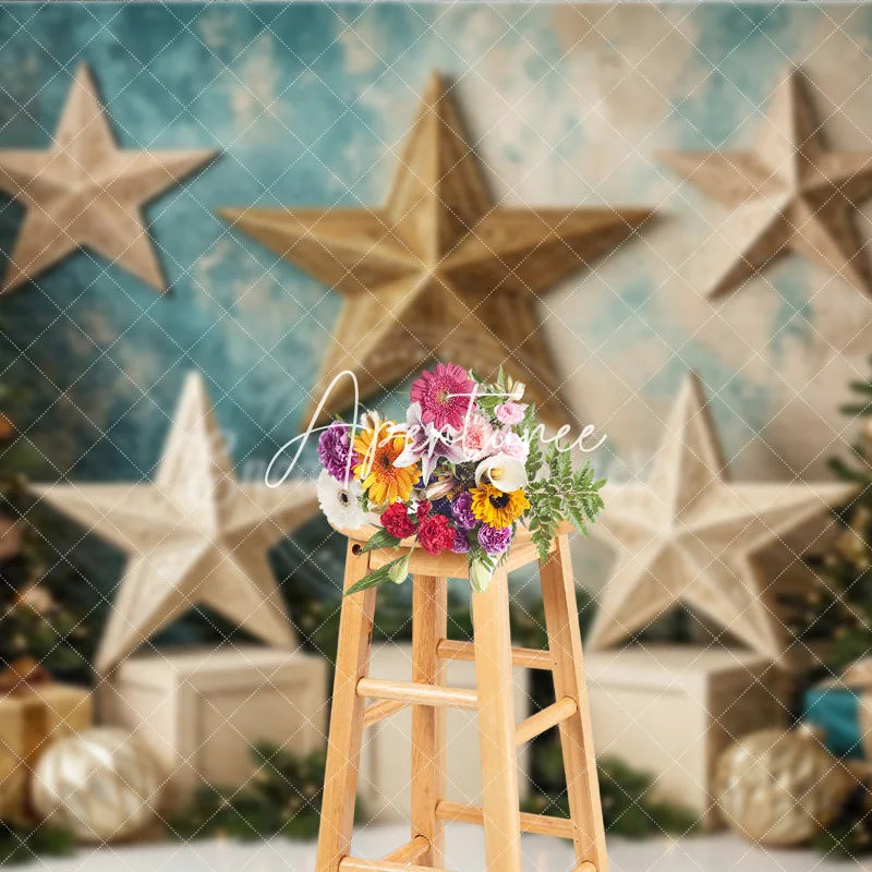 Aperturee - Aperturee Elegant Gold and Teal Christmas Tree Holiday Backdrop with Ornate Stars and Festive Gift Boxes Winter Celebration