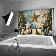 Aperturee - Aperturee Elegant Gold and Teal Christmas Tree Holiday Backdrop with Ornate Stars and Festive Gift Boxes Winter Celebration