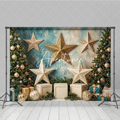 Aperturee - Aperturee Elegant Gold and Teal Christmas Tree Holiday Backdrop with Ornate Stars and Festive Gift Boxes Winter Celebration
