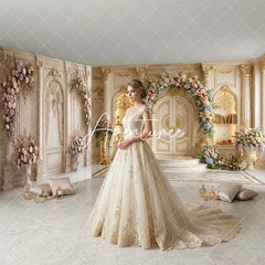 Aperturee - Aperturee Elegant Gold and White Ornate Room Set Backdrop with Floral Arch and Double Doors Luxurious Wedding Photography Decor