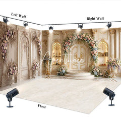 Aperturee - Aperturee Elegant Gold and White Ornate Room Set Backdrop with Floral Arch and Double Doors Luxurious Wedding Photography Decor