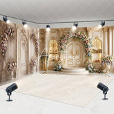 Aperturee - Aperturee Elegant Gold and White Ornate Room Set Backdrop with Floral Arch and Double Doors Luxurious Wedding Photography Decor