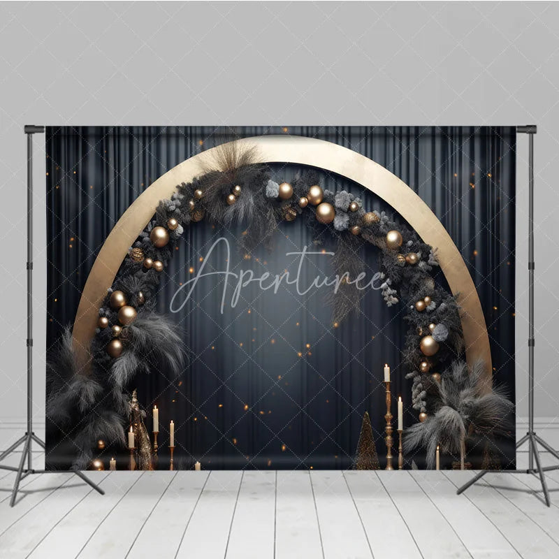 Aperturee - Aperturee Elegant Gold Arch Dark Grey Pampas Grass Photography Backdrop Festive Celebration Party Decor