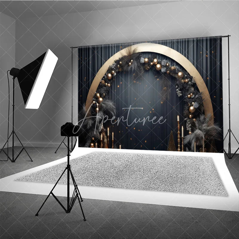 Aperturee - Aperturee Elegant Gold Arch Dark Grey Pampas Grass Photography Backdrop Festive Celebration Party Decor
