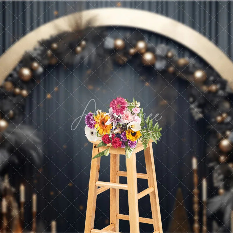 Aperturee - Aperturee Elegant Gold Arch Dark Grey Pampas Grass Photography Backdrop Festive Celebration Party Decor