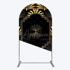 Aperturee - Aperturee Elegant Gold Art Deco Fan Arch Backdrop Luxury Black and Gold Gatsby Style Party Cover