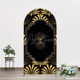 Aperturee - Aperturee Elegant Gold Art Deco Fan Arch Backdrop Luxury Black and Gold Gatsby Style Party Cover