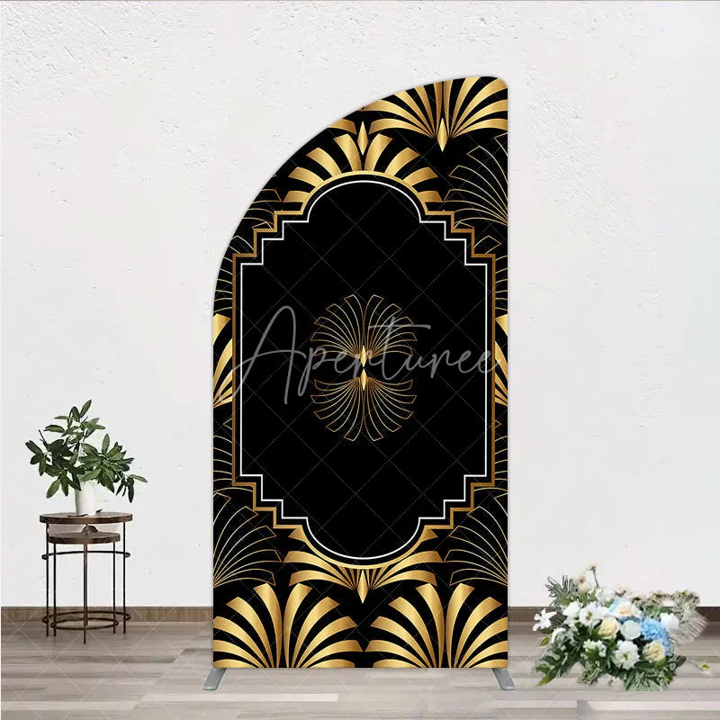 Aperturee - Aperturee Elegant Gold Art Deco Fan Half Moon Arch Backdrop Luxury Black and Gold Gatsby Style Party Cover