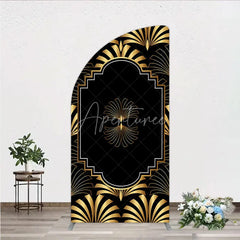 Aperturee - Aperturee Elegant Gold Art Deco Fan Half Moon Arch Backdrop Luxury Black and Gold Gatsby Style Party Cover