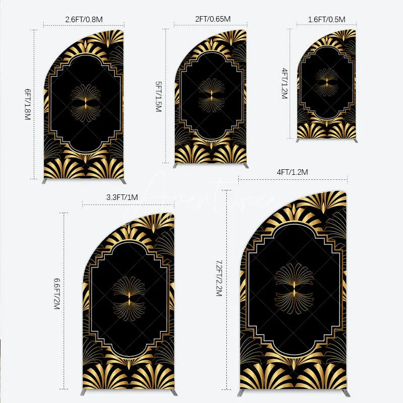 Aperturee - Aperturee Elegant Gold Art Deco Fan Half Moon Arch Backdrop Luxury Black and Gold Gatsby Style Party Cover