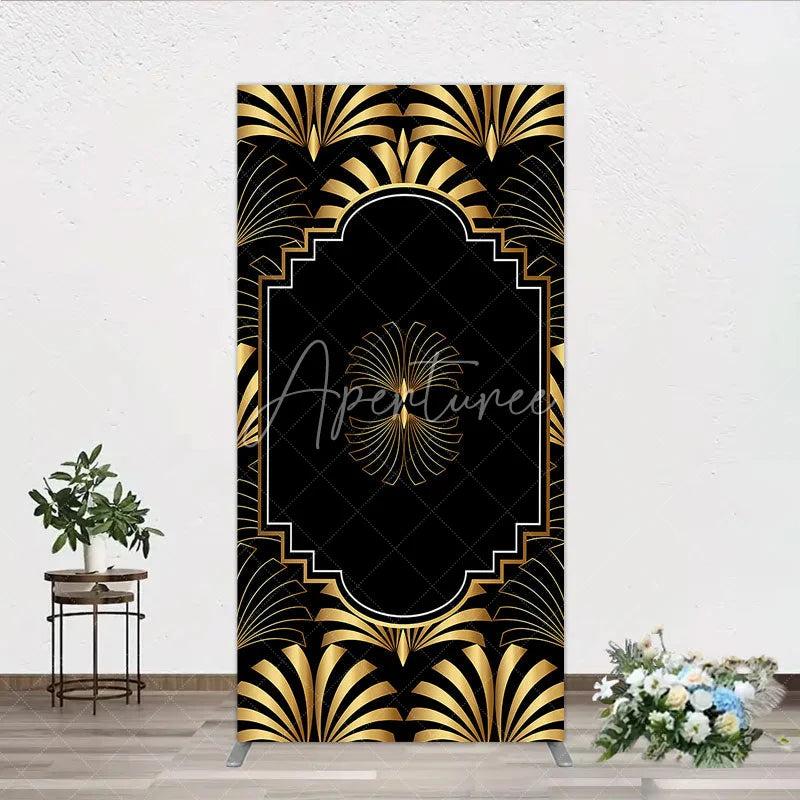 Aperturee - Aperturee Elegant Gold Art Deco Fan Rectangle Backdrop Luxury Black and Gold Gatsby Style Party Cover