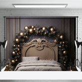 Aperturee Aperturee Elegant Gold Christmas Headboard Photography Backdrop Vintage Bed with Gold Ornaments Luxury Holiday Photo Prop