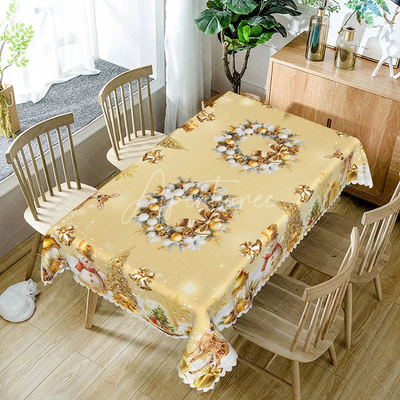 Aperturee - Aperturee Elegant Gold Christmas Rectangle Tablecloth with Wreath Snowman and Reindeer Luxury Holiday Dining Decor