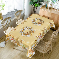 Aperturee - Aperturee Elegant Gold Christmas Rectangle Tablecloth with Wreath Snowman and Reindeer Luxury Holiday Dining Decor
