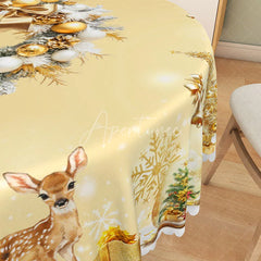 Aperturee - Aperturee Elegant Gold Christmas Round Tablecloth with Wreath Snowman and Reindeer Luxury Holiday Dining Decor