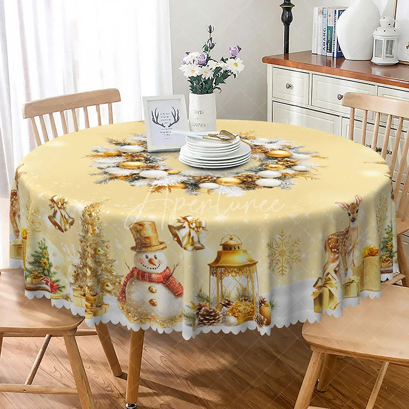 Aperturee - Aperturee Elegant Gold Christmas Round Tablecloth with Wreath Snowman and Reindeer Luxury Holiday Dining Decor