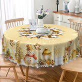 Aperturee - Aperturee Elegant Gold Christmas Round Tablecloth with Wreath Snowman and Reindeer Luxury Holiday Dining Decor