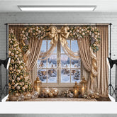 Aperturee - Aperturee Elegant Gold Christmas Tree and Snowy Window Holiday Backdrop Festive Winter Village Scene Decor