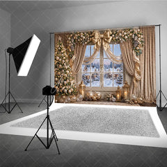 Aperturee - Aperturee Elegant Gold Christmas Tree and Snowy Window Holiday Backdrop Festive Winter Village Scene Decor