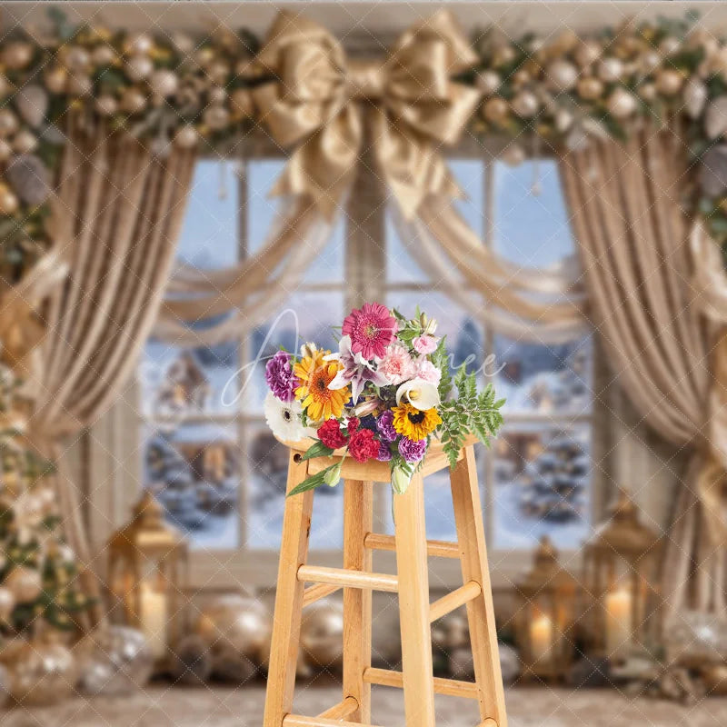 Aperturee - Aperturee Elegant Gold Christmas Tree and Snowy Window Holiday Backdrop Festive Winter Village Scene Decor