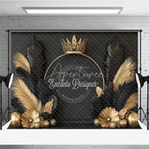 Aperturee - Aperturee Elegant Gold Crown and Black Feather Backdrop Royal Golden Sphere and Flower Decor for Photography