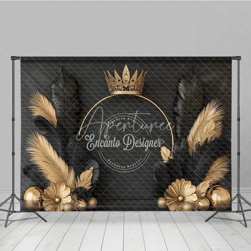 Aperturee - Aperturee Elegant Gold Crown and Black Feather Backdrop Royal Golden Sphere and Flower Decor for Photography