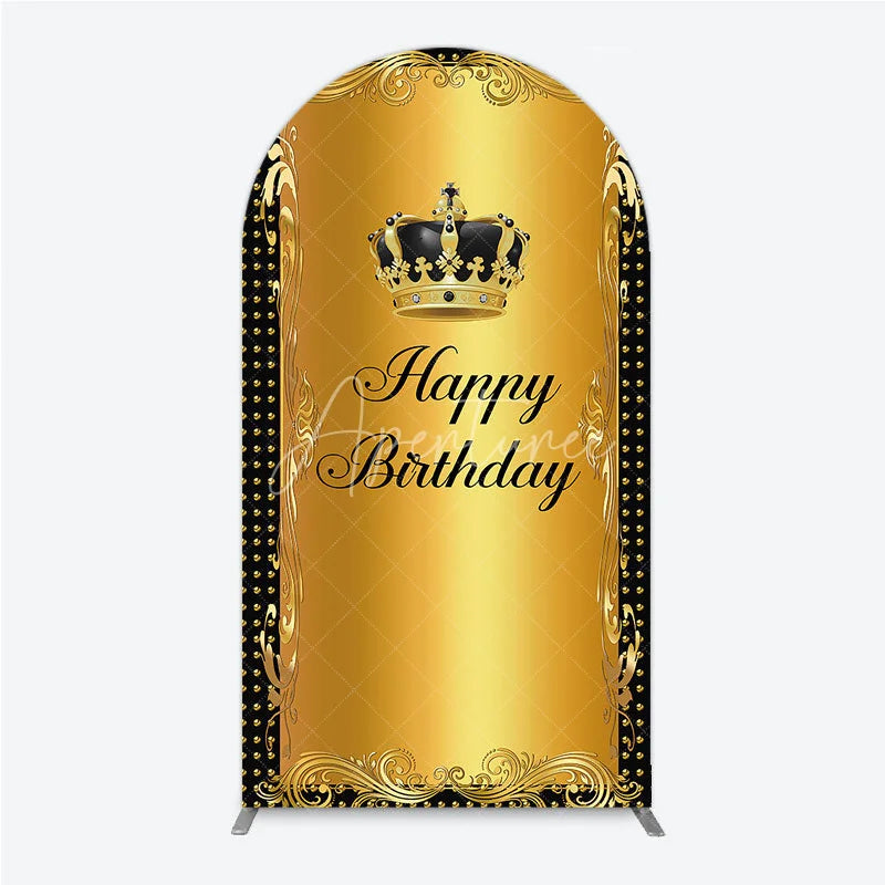 Aperturee - Aperturee Elegant Gold Crown and Happy Birthday Arch Backdrop Royal Celebration Party Decor