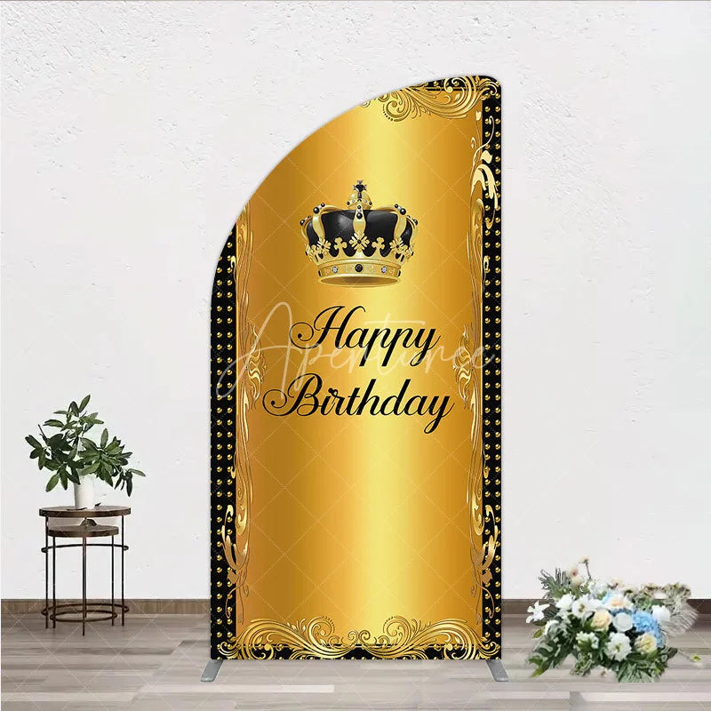 Aperturee - Aperturee Elegant Gold Crown and Happy Birthday Half Moon Arch Backdrop Royal Celebration Party Decor
