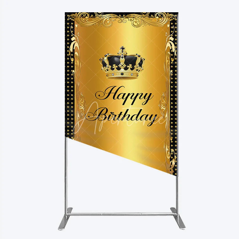 Aperturee - Aperturee Elegant Gold Crown and Happy Birthday Rectangle Backdrop Royal Celebration Party Decor