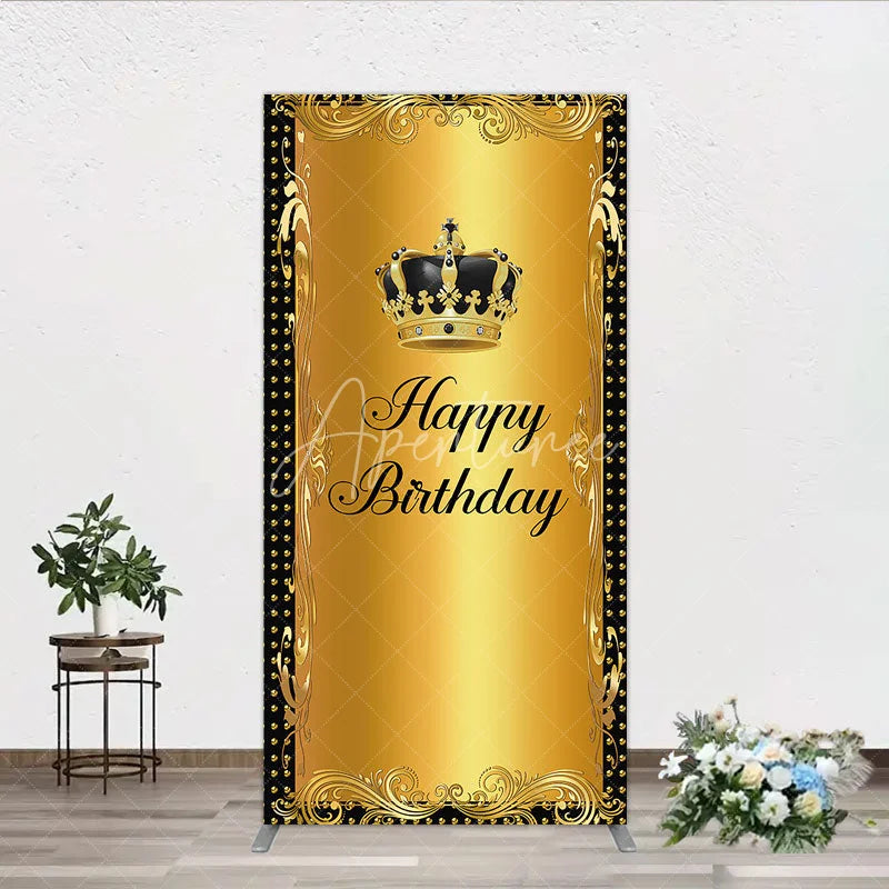 Aperturee - Aperturee Elegant Gold Crown and Happy Birthday Rectangle Backdrop Royal Celebration Party Decor
