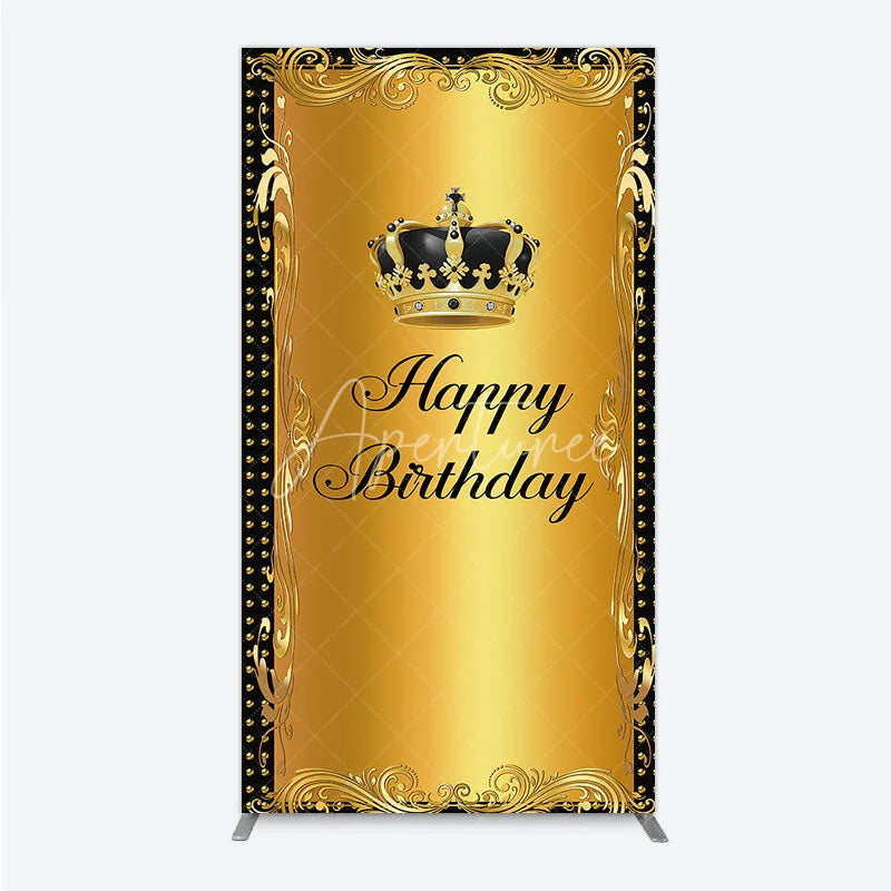 Aperturee - Aperturee Elegant Gold Crown and Happy Birthday Rectangle Backdrop Royal Celebration Party Decor