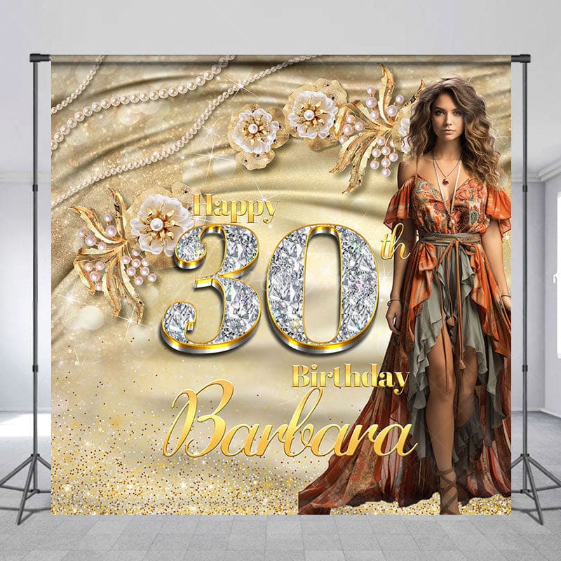 Aperturee - Aperturee Elegant Gold Custom Name Photo 30th Birthday Backdrop