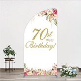 Aperturee - Aperturee Elegant Gold Glitter 70th Happy Birthday half moon arch backdrop Pink Watercolor Floral Celebration Party Decor