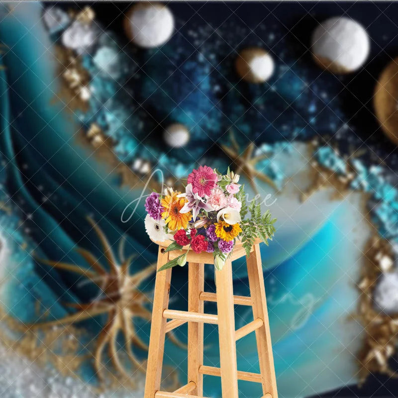 Aperturee - Aperturee Elegant Gold Glitter Blue Teal Abstract Waves Photography Backdrop Artistic Studio Photo Shoot Decor