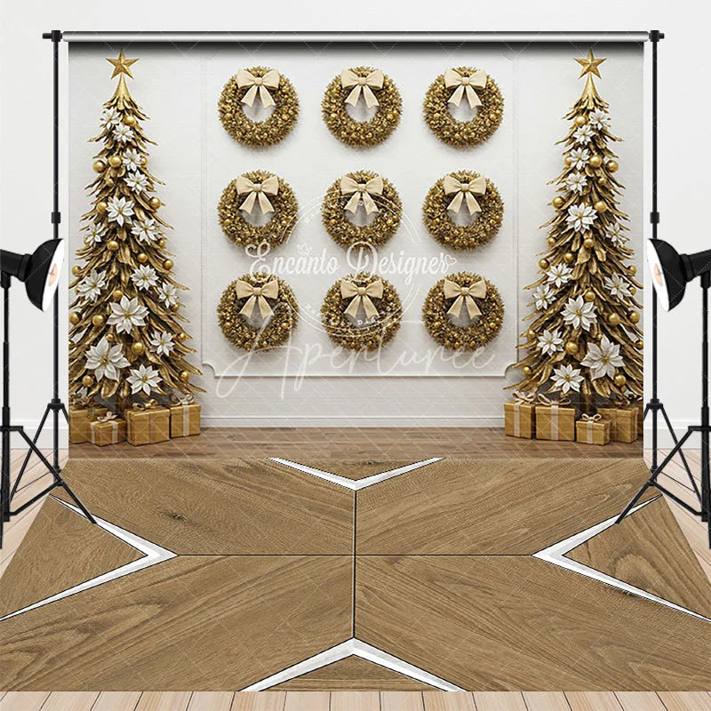 Aperturee - Aperturee Elegant Gold Wreath Wall Combo Set Backdrop White Christmas Trees and Modern Wood Floor for Holiday Photos