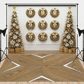 Aperturee - Aperturee Elegant Gold Wreath Wall Combo Set Backdrop White Christmas Trees and Modern Wood Floor for Holiday Photos