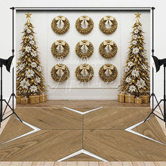Aperturee - Aperturee Elegant Gold Wreath Wall Combo Set Backdrop White Christmas Trees and Modern Wood Floor for Holiday Photos
