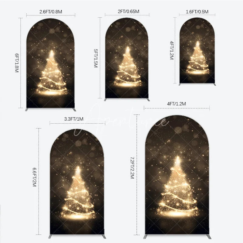 Aperturee - Aperturee Elegant Golden Sparkling Christmas Tree Design Round Top Arch Backdrop Festive Holiday Party Decor