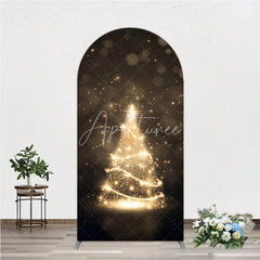Aperturee - Aperturee Elegant Golden Sparkling Christmas Tree Design Round Top Arch Backdrop Festive Holiday Party Decor