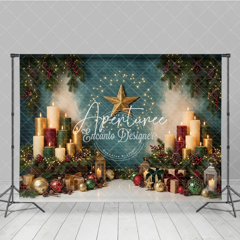 Aperturee - Aperturee Elegant Golden Star and Festive Candles Holiday Backdrop with Pine Branches Berries and Gift Boxes