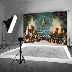 Aperturee - Aperturee Elegant Golden Star and Festive Candles Holiday Backdrop with Pine Branches Berries and Gift Boxes