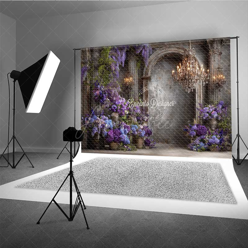 Aperturee - Aperturee Elegant Gothic Interior Photography Backdrop Moody Purple Wall with Wisteria Dark Academia Wedding Photo Prop
