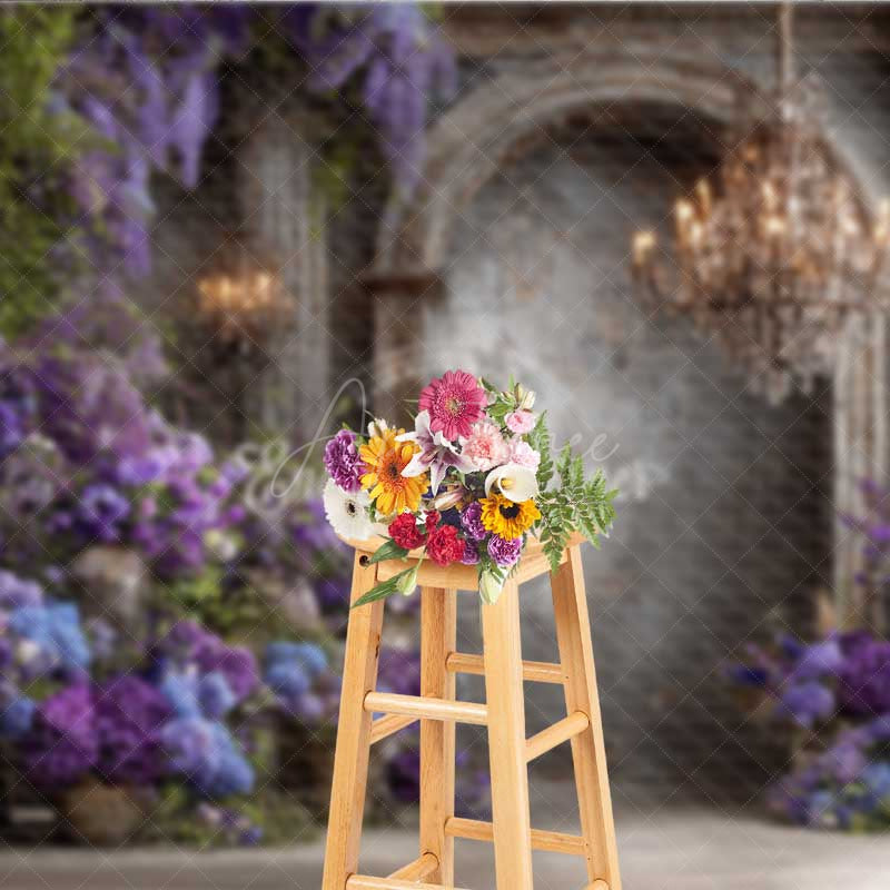 Aperturee - Aperturee Elegant Gothic Interior Photography Backdrop Moody Purple Wall with Wisteria Dark Academia Wedding Photo Prop