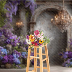 Aperturee - Aperturee Elegant Gothic Interior Photography Backdrop Moody Purple Wall with Wisteria Dark Academia Wedding Photo Prop