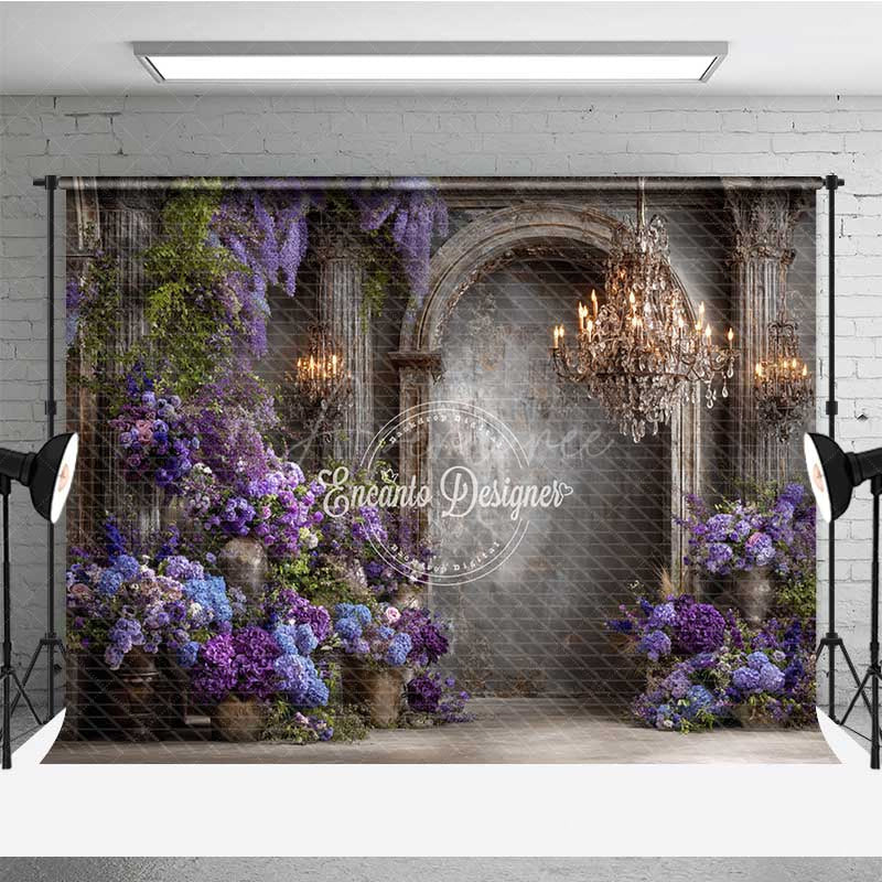 Aperturee - Aperturee Elegant Gothic Interior Photography Backdrop Moody Purple Wall with Wisteria Dark Academia Wedding Photo Prop