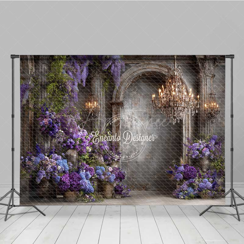 Aperturee - Aperturee Elegant Gothic Interior Photography Backdrop Moody Purple Wall with Wisteria Dark Academia Wedding Photo Prop