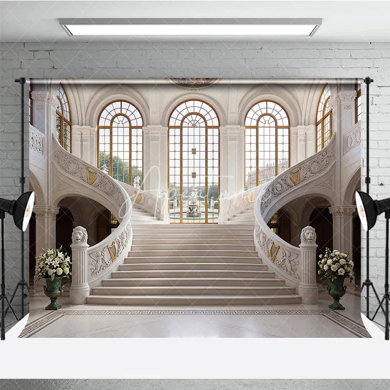 Aperturee - Aperturee Elegant Grand Marble Staircase Photography Backdrop Classical Palace Interior with Arched Windows