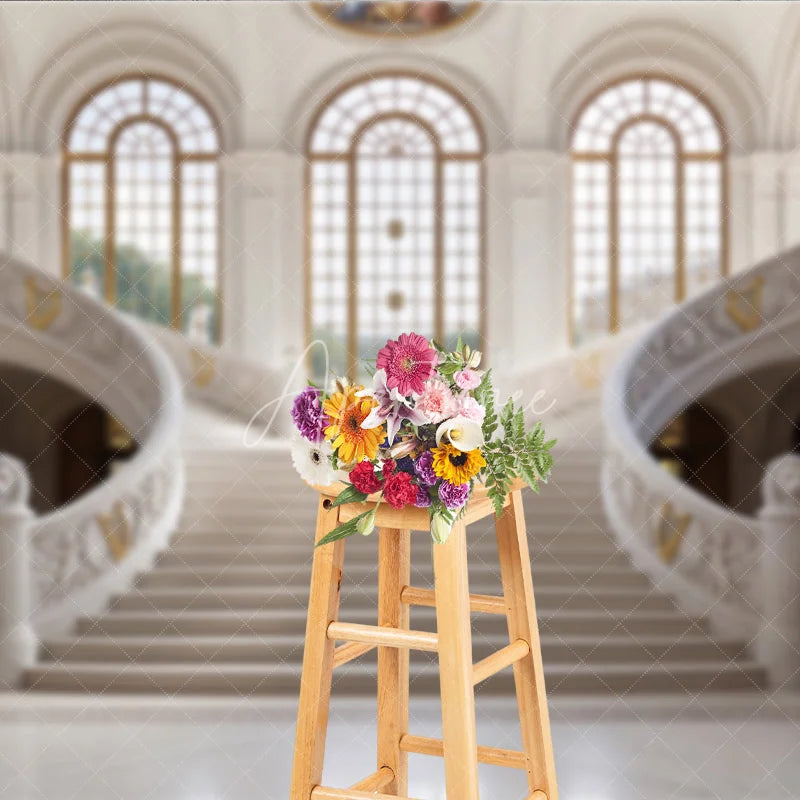Aperturee - Aperturee Elegant Grand Marble Staircase Photography Backdrop Classical Palace Interior with Arched Windows