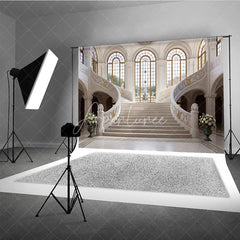 Aperturee - Aperturee Elegant Grand Marble Staircase Photography Backdrop Classical Palace Interior with Arched Windows