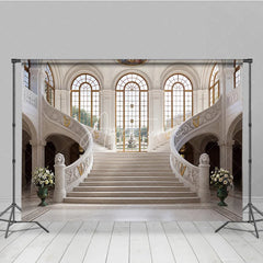 Aperturee - Aperturee Elegant Grand Marble Staircase Photography Backdrop Classical Palace Interior with Arched Windows